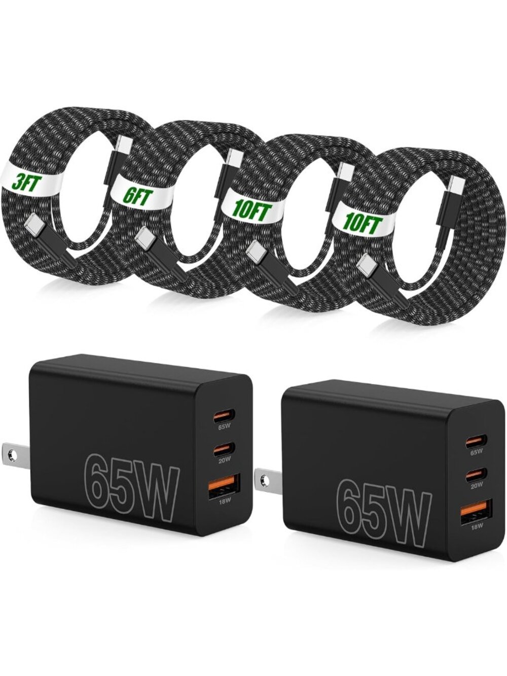 65W Super Fast USB-C Charger & 3 Braided Cords for Quick Charging Devices